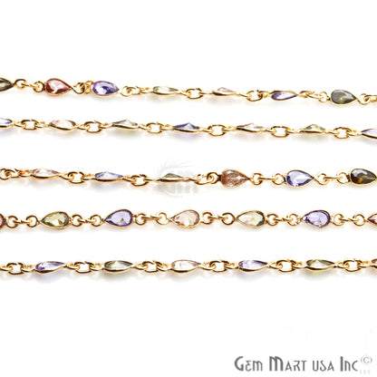 Multi Color Zircon 6x4mm Pear Shape Gold Plated Continuous Connector Chain - GemMartUSA