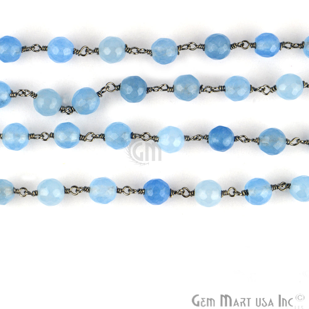 Baby Blue Jade Faceted Beads 6mm Oxidized Wire Wrapped Rosary Chain