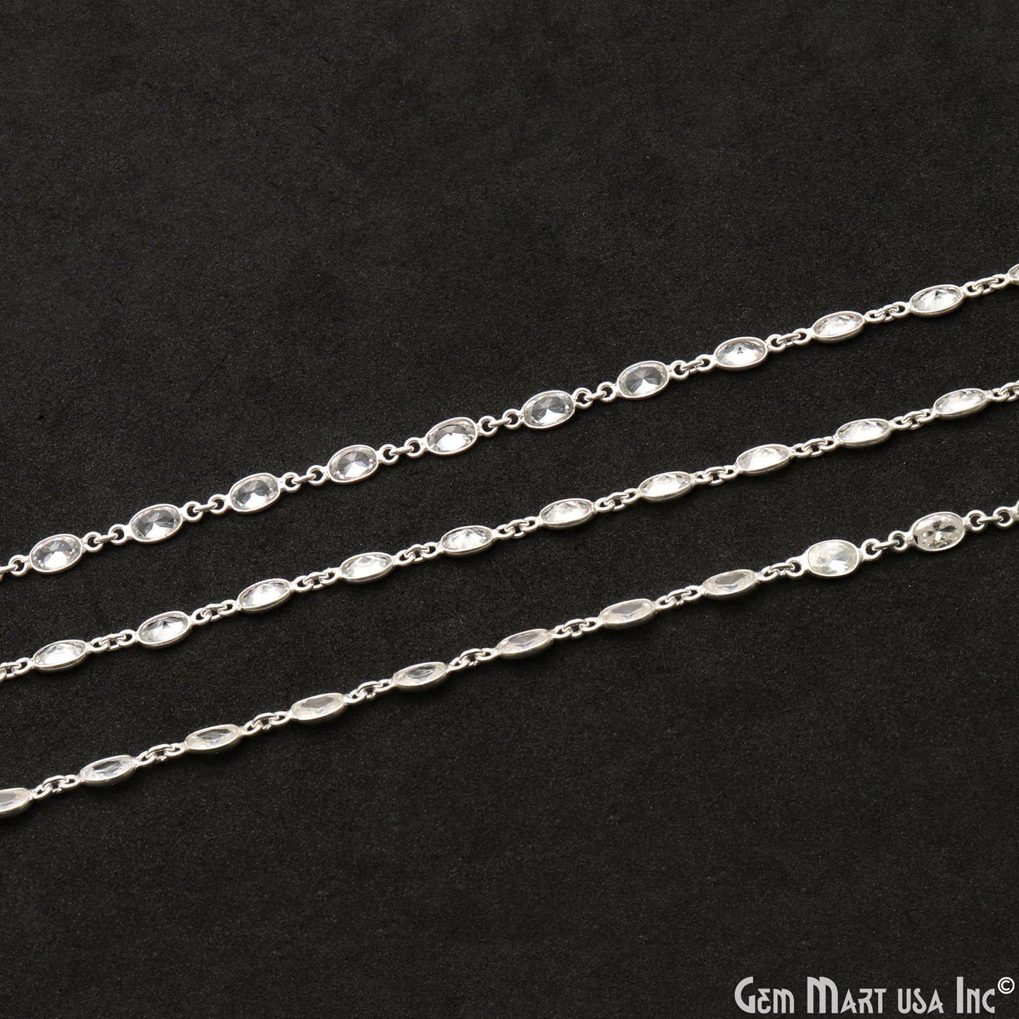 White Zircon 5x4mm Oval Silver Bezel Continuous Connector Chain