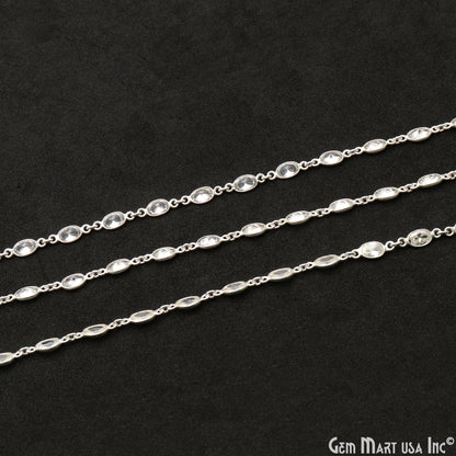 White Zircon 5x4mm Oval Silver Bezel Continuous Connector Chain