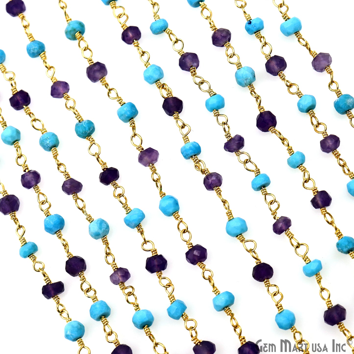 Amethyst & Turquoise 3-3.5mm Gold Plated Beaded Wire Wrapped Rosary Chain