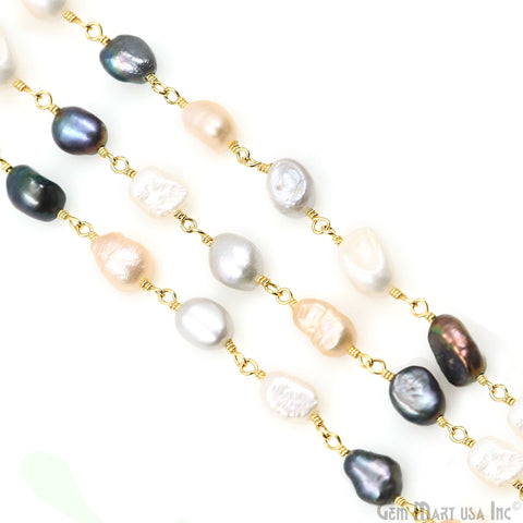 Multi Color Pearl Free Form 8x6mm Gold Plated Wire Wrapped Beads Rosary Chain