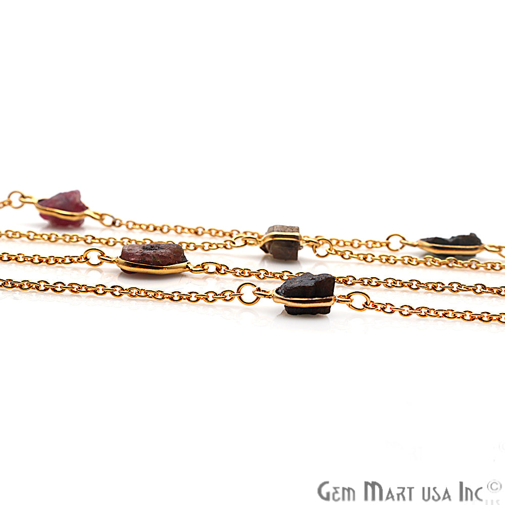 Multi Color Rough Gemstone Gold Plated Bezel Link Connector Chain - GemMartUSA