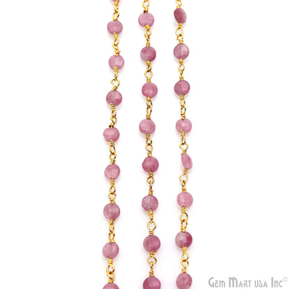 Pink Tourmaline Faceted Coin 3-4mm Gold Wire Wrapped Rosary Chain