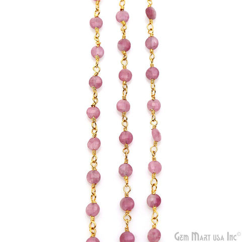 Pink Tourmaline Faceted Coin 3-4mm Gold Wire Wrapped Rosary Chain
