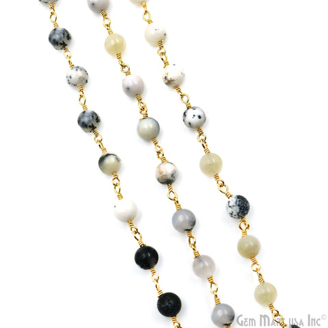 Dendrite Opal Smooth Beads 4mm Gold Wire Wrapped Rosary Chain