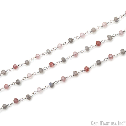 Labradorite & Strawberry Quartz Beads 3-3.5mm Silver Plated Wire Wrapped Rosary Chain
