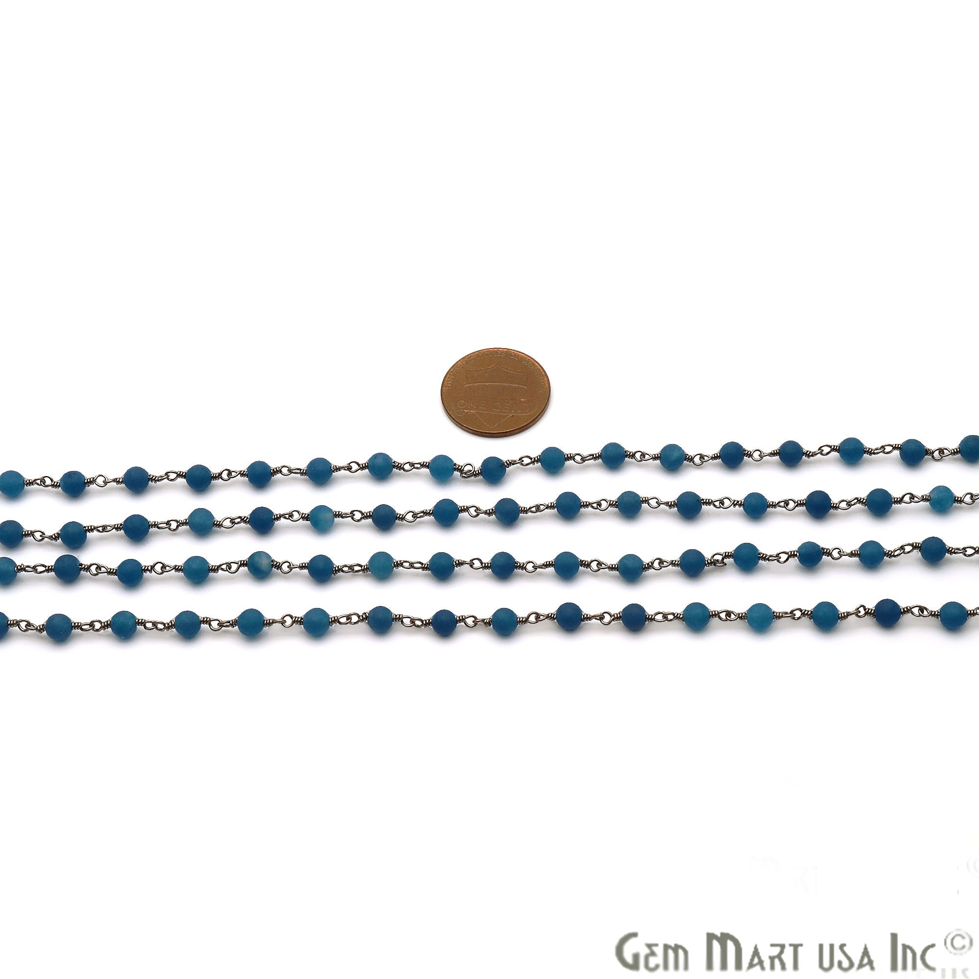 Blue Jade 4mm Round Oxidized Wire Wrapped Matte Beads Rosary Chain - GemMartUSA