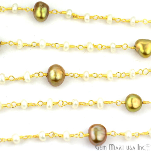 Golden Pearl With Pearl 5mm Gold Plated Wire Wrapped Beads Rosary Chain - GemMartUSA (764031434799)