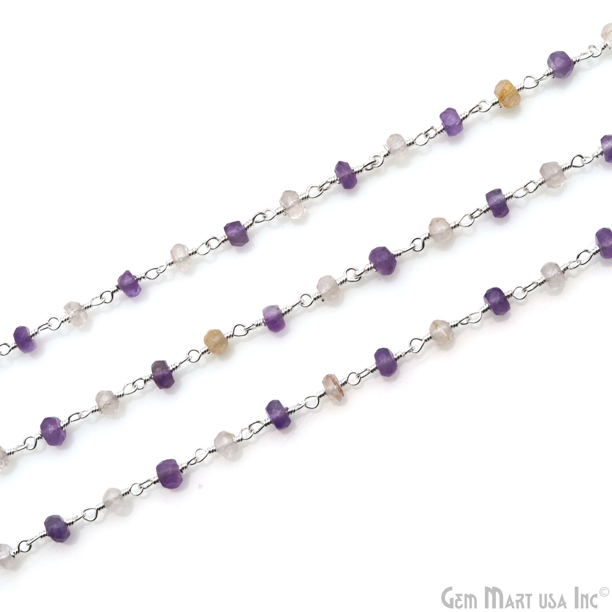 Amethyst & Golden Rutile Beads 3-3.5mm Silver Plated Wire Wrapped Rosary Chain