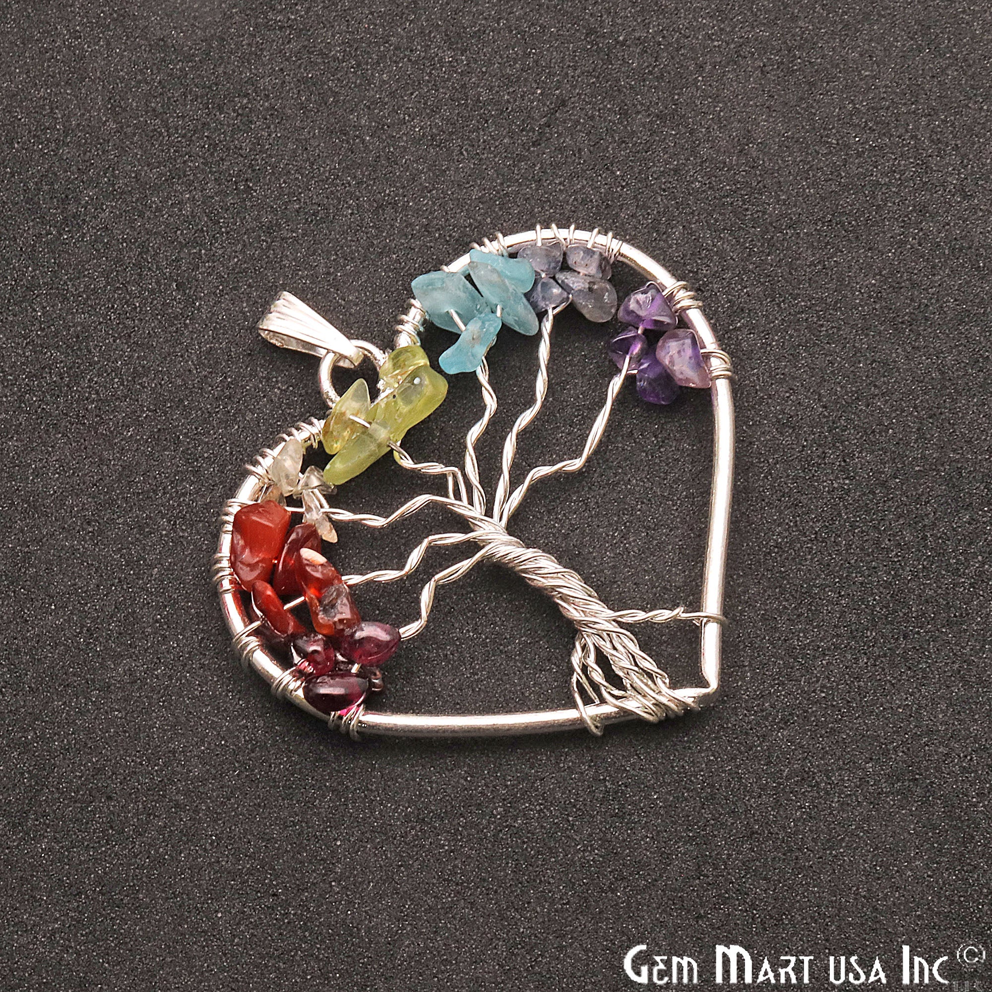 Multi Color Tree Of Life 43x39mm Silver Wire Wrapped Heart Shape Pendant - GemMartUSA