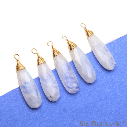 Rainbow Moonstone Pear 37x10mm Gold Wire Wrapped Gemstone Connector - GemMartUSA