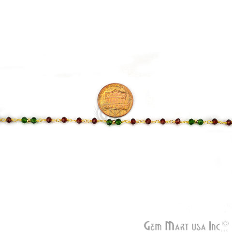 Garnet With Emerald Zircon Gold Plated Wire Wrapped Rosary Chain