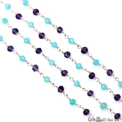 Amethyst & Amazonite Beads 3-3.5mm Silver Plated Wire Wrapped Rosary Chain