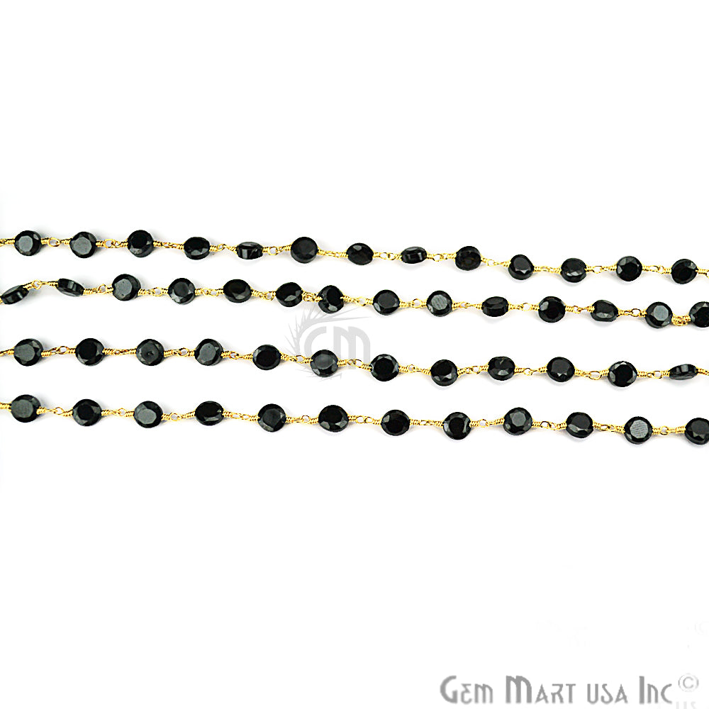 Black Spinel Coin 5mm Gold Plated Wire Wrapped Beads Rosary Chain - GemMartUSA (762921353263)