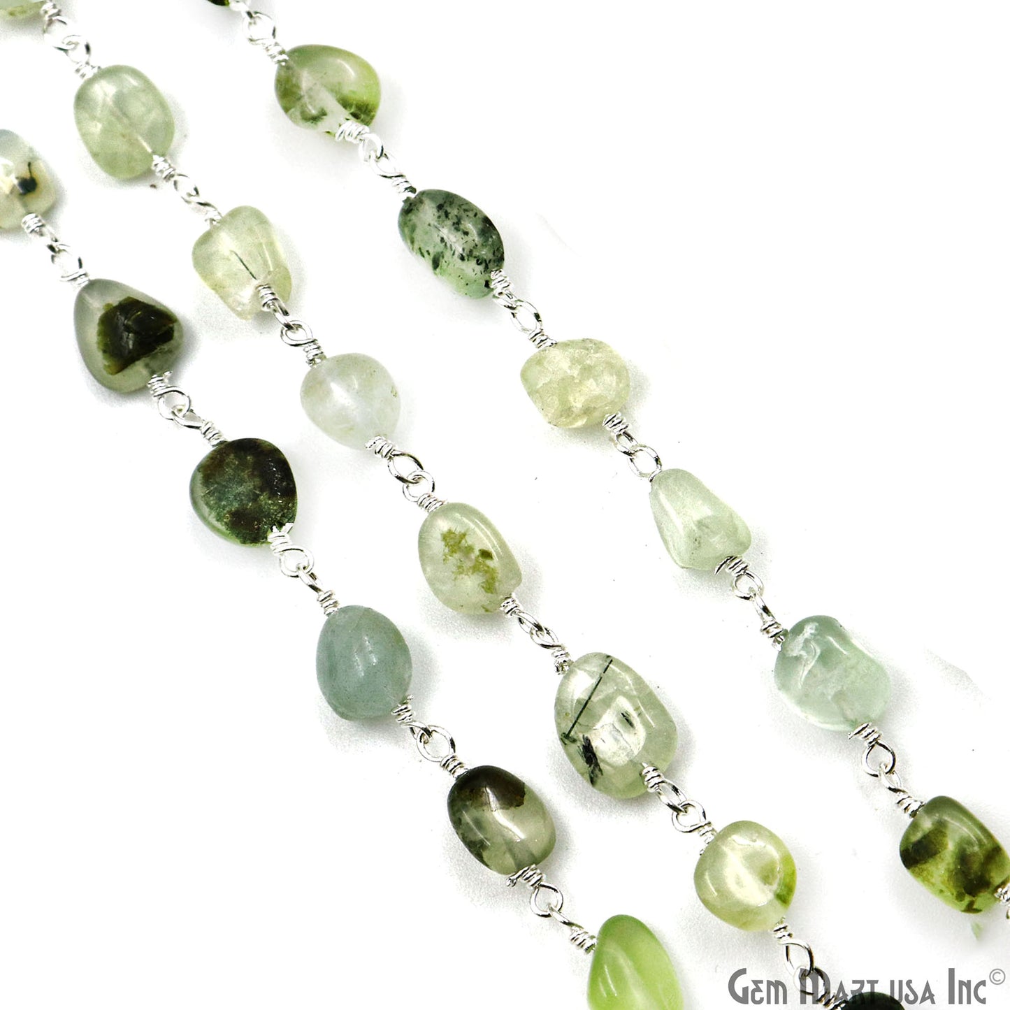 Green Rutile Tumble Beads 8x5mm Silver Plated Gemstone Rosary Chain