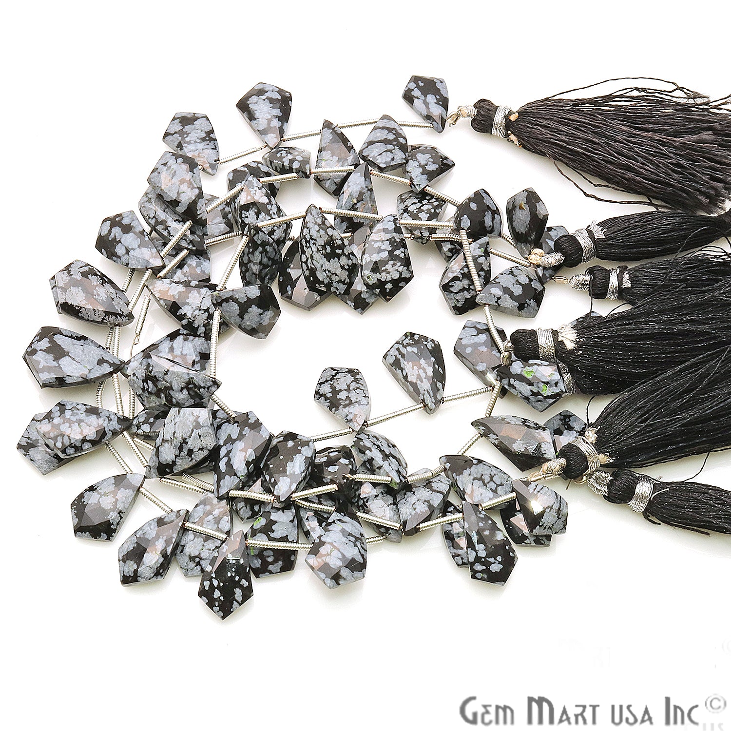 Black Obsidian Gemstone 15x10mm Silver Wire Beaded Handmade Rondelle - GemMartUSA
