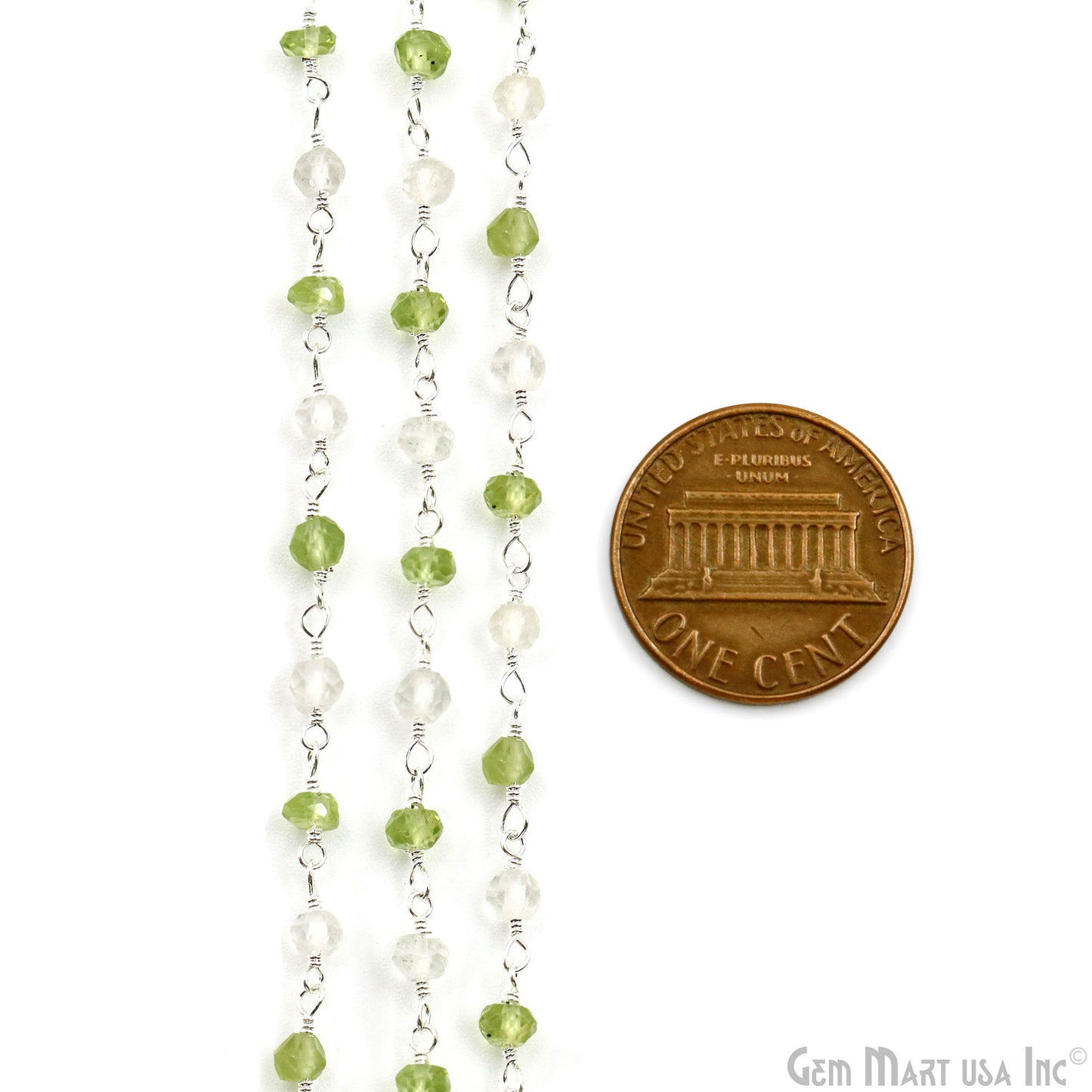 Peridot & Crystal Faceted Beads 3-3.5mm Silver Plated Gemstone Rosary Chain