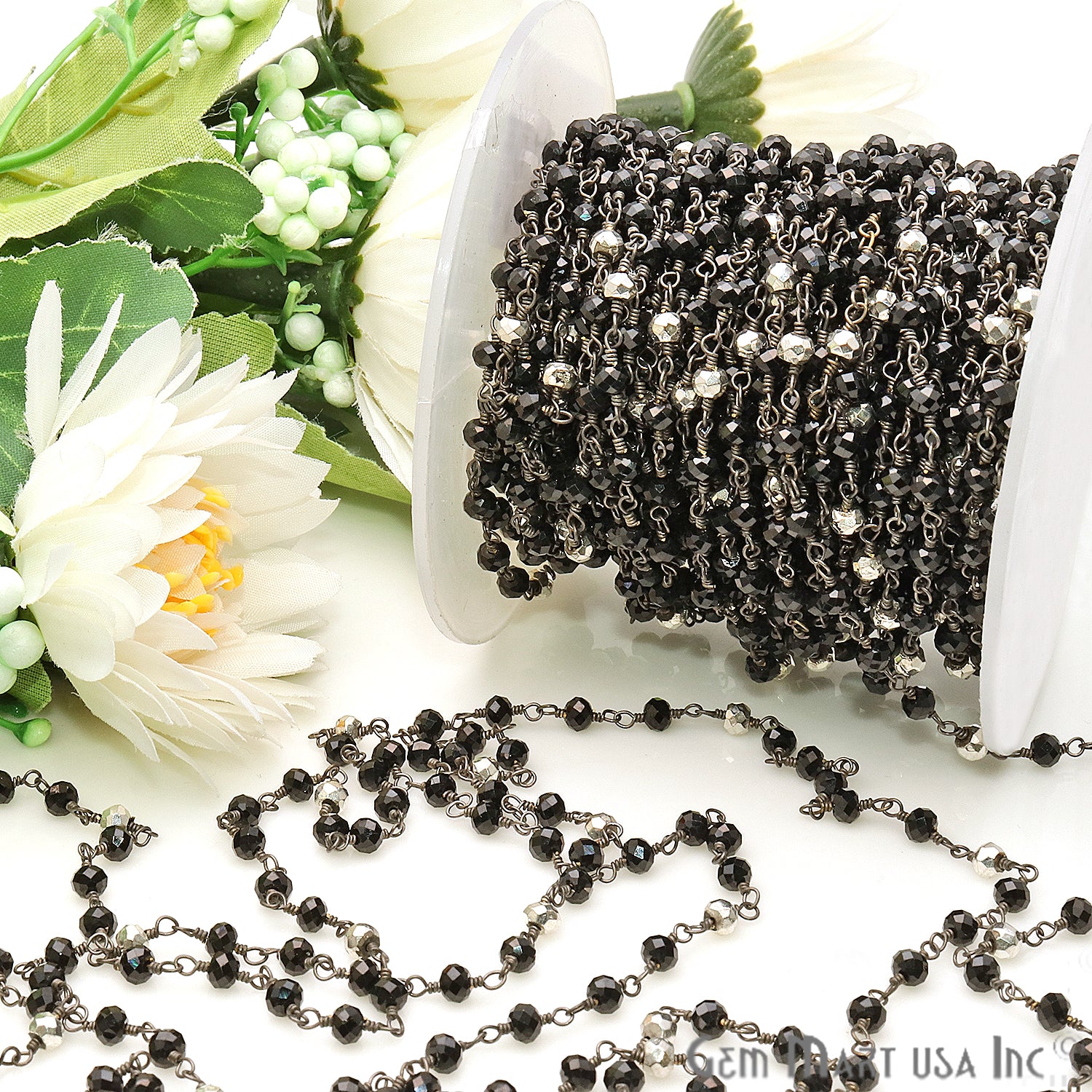 Black Spinel & Silver Pyrite 3-3.5mm Oxidized Wire Wrapped Rosary - GemMartUSA