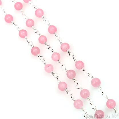 Pink Jade Cabochon 4mm Silver Wire Wrapped Rosary Chain