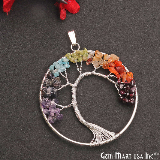 Multi Color Tree Of Life 72x65mm Silver Wire Wrapped Round Shape Pendant - GemMartUSA