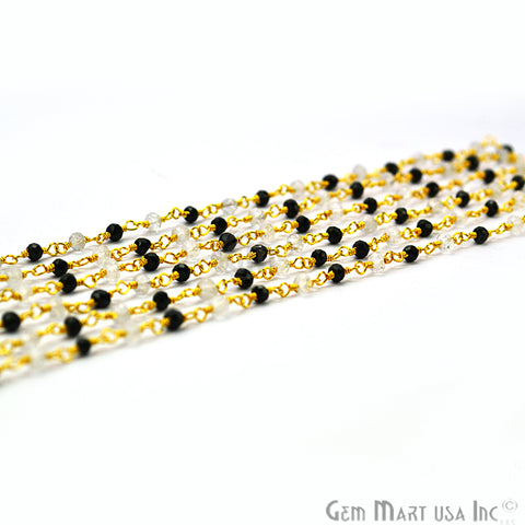 Black Spinel With Crystal Gold Plated Wire Wrapped Beads Rosary Chain