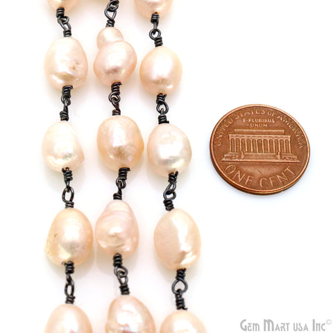 Pink Pearl Free Form Beads 6-8mm Oxidized Wire Wrapped Rosary Chain