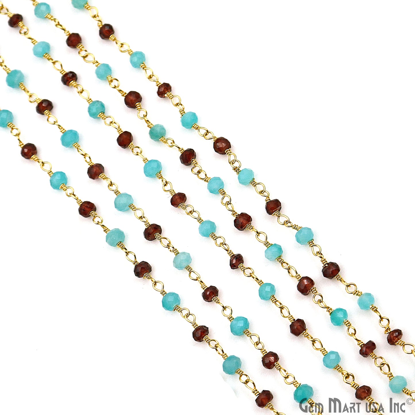 Garnet & Amazonite Beads 3-3.5mm Gold Plated Wire Wrapped Rosary Chain