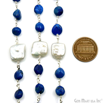 Lapis Tumble Beads 8x5mm & Pearl 12mm Beads Silver Plated Rosary Chain