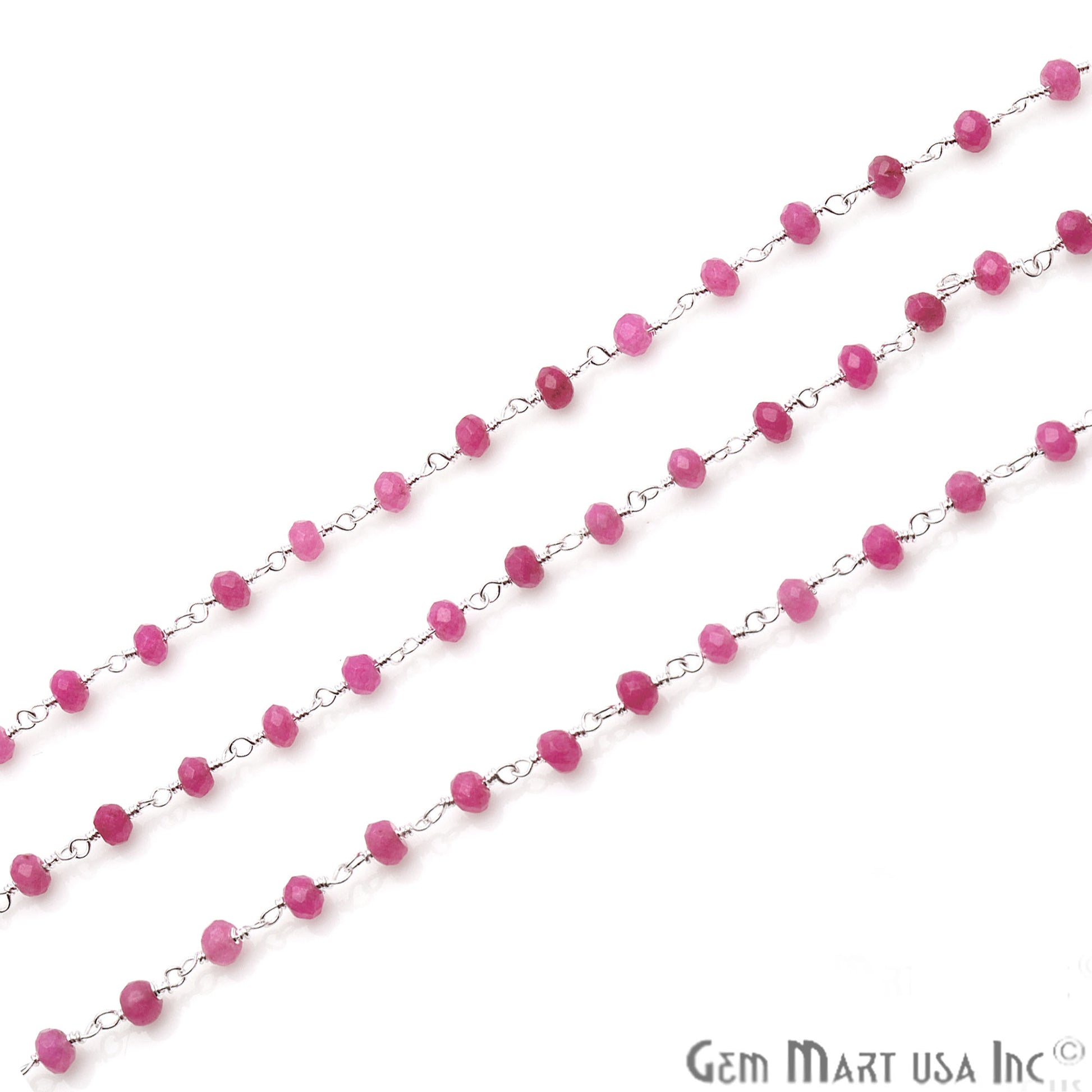 Hot Pink Jade Beads 4mm Silver Plated Wire Wrapped Rosary Chain - GemMartUSA