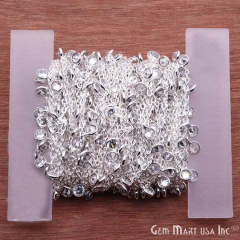 White Zircon Bezel Silver Plated Dangle Fancy Rosary Chain - GemMartUSA