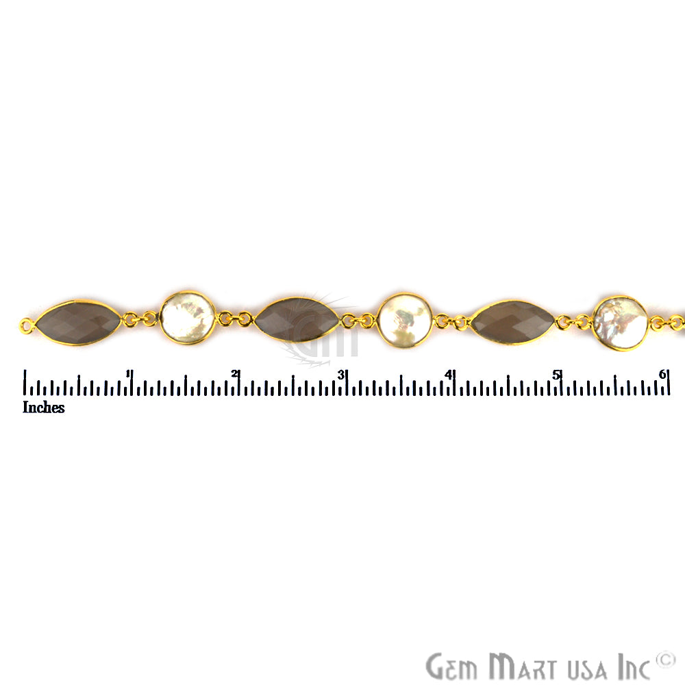 Gray Chalcedony with Pearl 10x20mm Gold Bezel Continuous Connector Chain - GemMartUSA (764271820847)