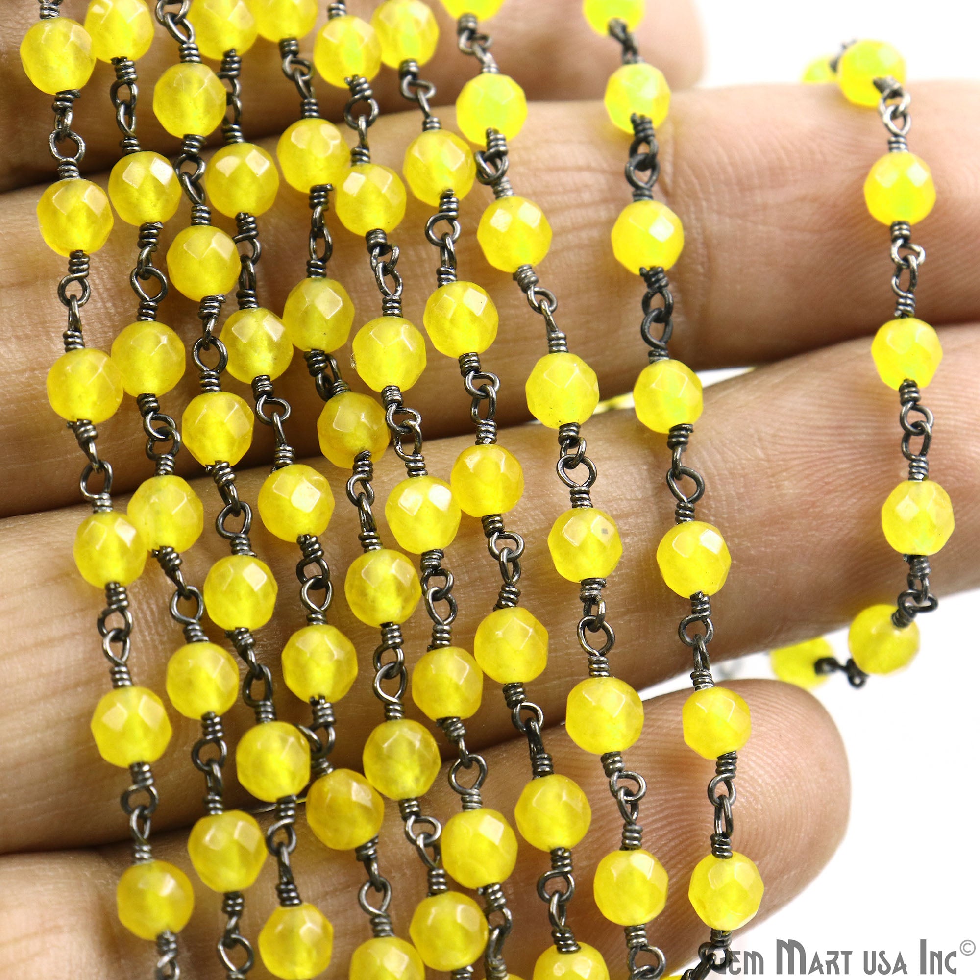 Yellow Jade Beads Oxidized Wire Wrapped Rosary Chain