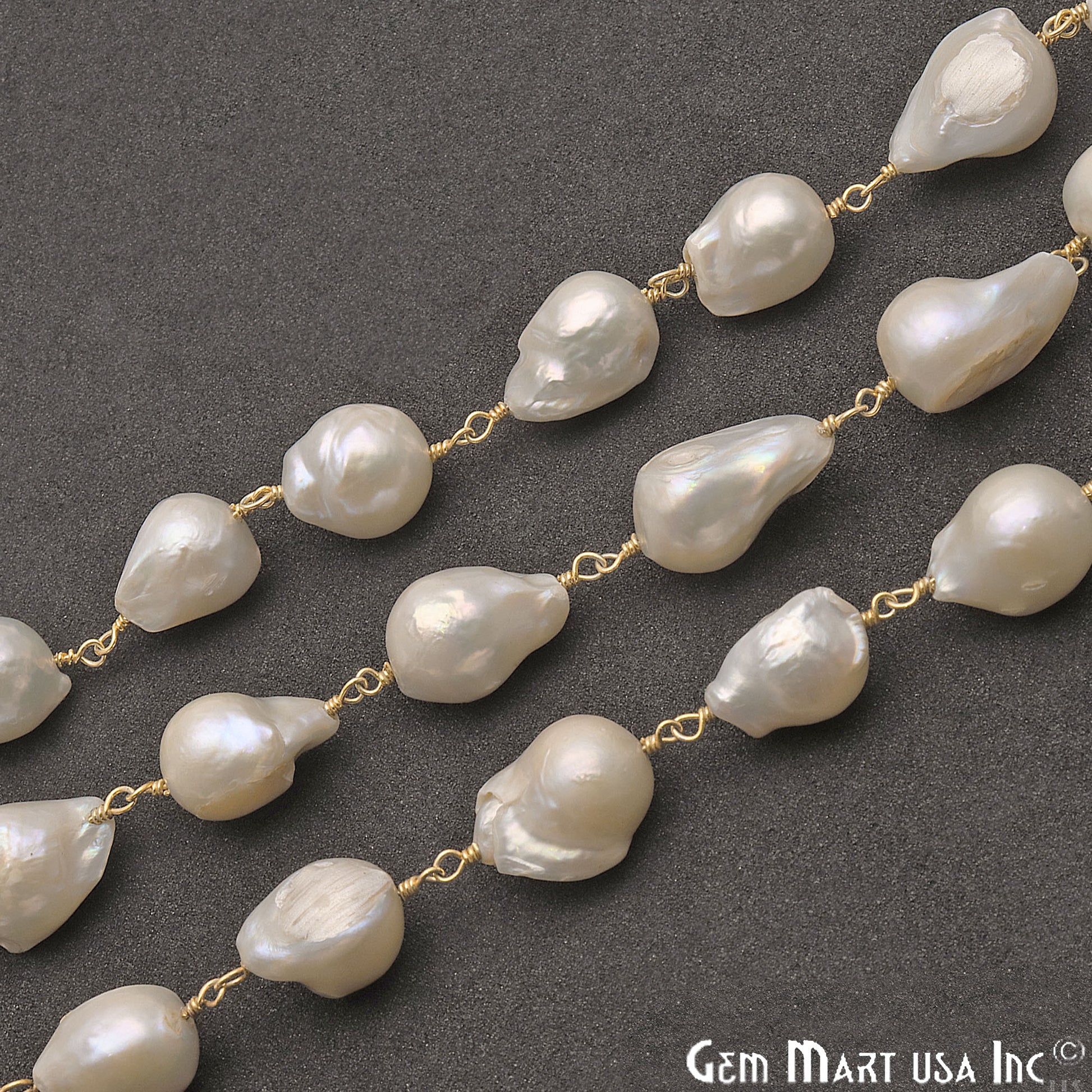 Pearl 12-16mm Free Form Gold Plated Wire Wrapped Gemstone Rosary Chain - GemMartUSA