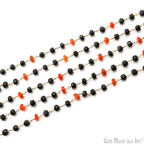 Carnelian & Black Spinel Beads Gold Plated Wire Wrapped Rosary Chain