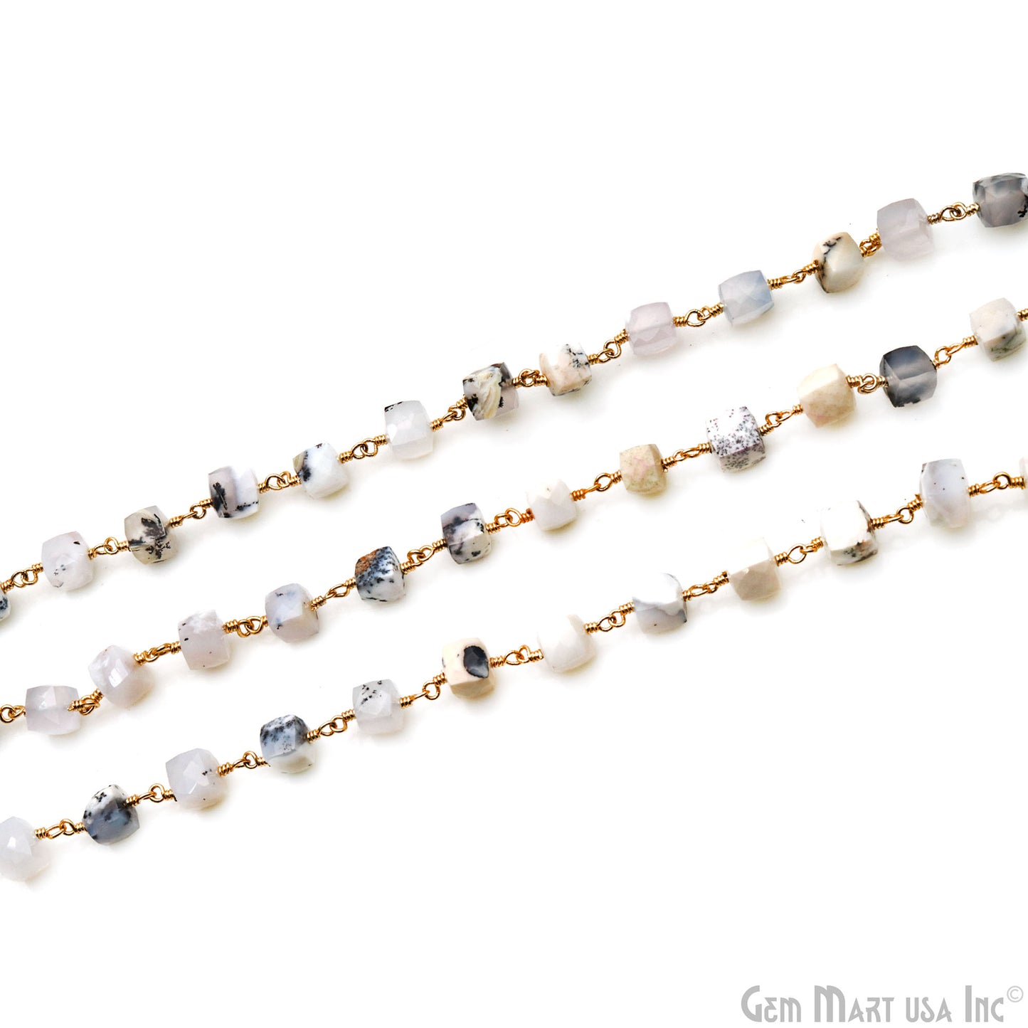 Dendrite Opal Faceted Box 6-7mm Gold Wire Wrapped Rosary Chain