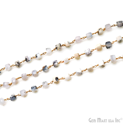 Dendrite Opal Faceted Box 6-7mm Gold Wire Wrapped Rosary Chain