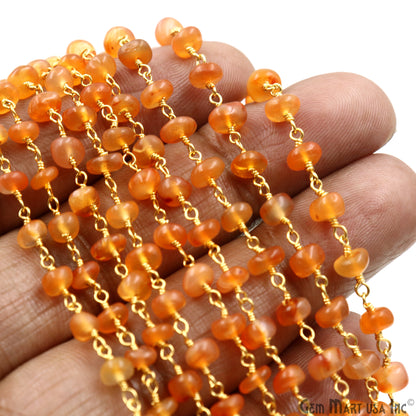 Carnelian Cabochon 4-5mm Gold Wire Wrapped Rosary Chain