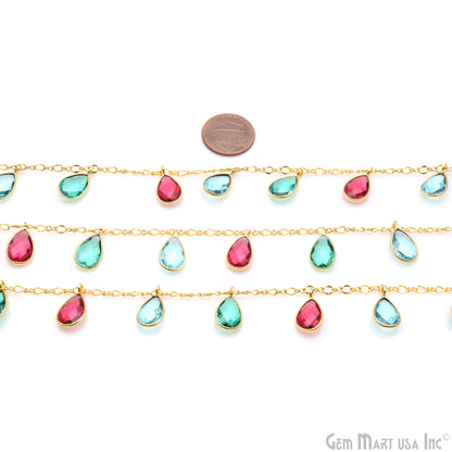 Pink Tourmaline, Apatite, Blue Topaz Pears Gold Plated Bezel Connector Dangle Rosary Chain