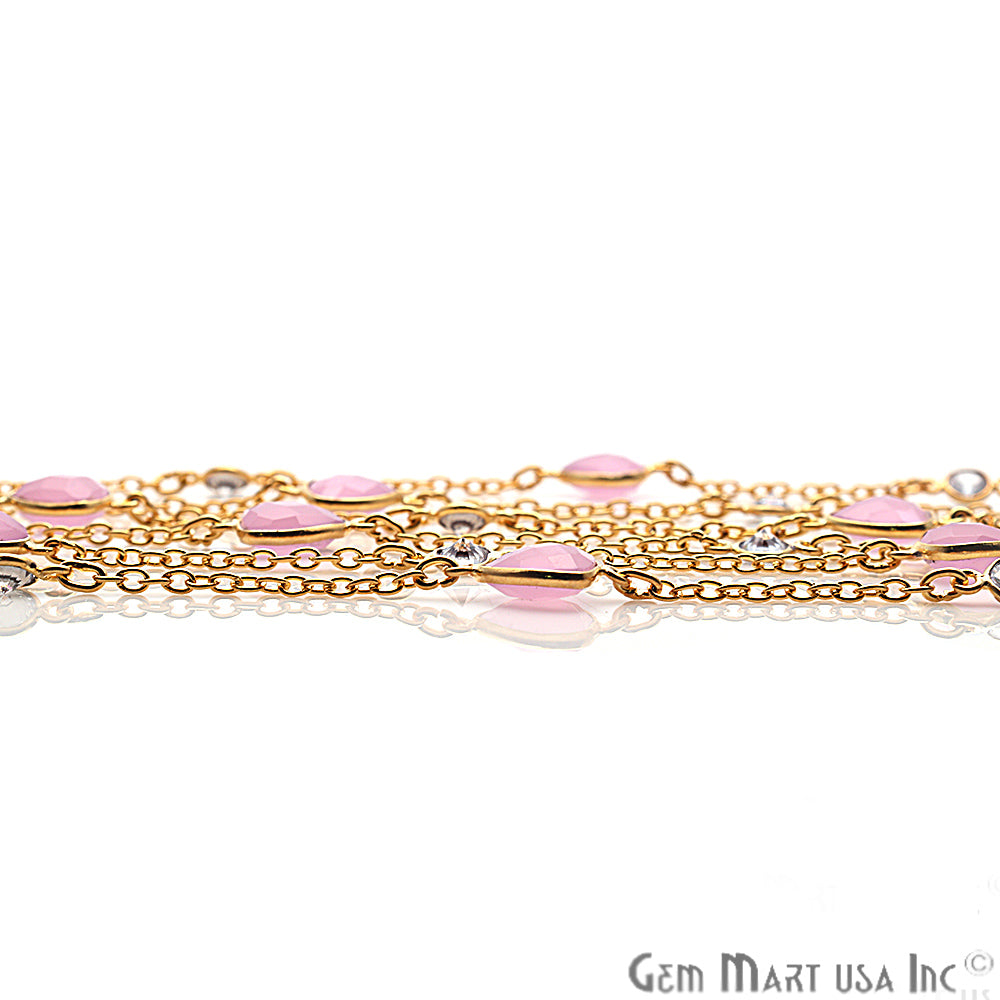 Rose Chalcedony 10mm With Crystal 5mm Gold Plated Bezel Link Connector Chain - GemMartUSA