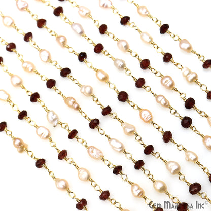 Garnet & Pink Pearl Gold Plated Wire Wrapped Rosary Chain