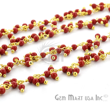 Red Coral Cluster Dangle Beads Gold Wire Wrapped Rosary Chain - GemMartUSA