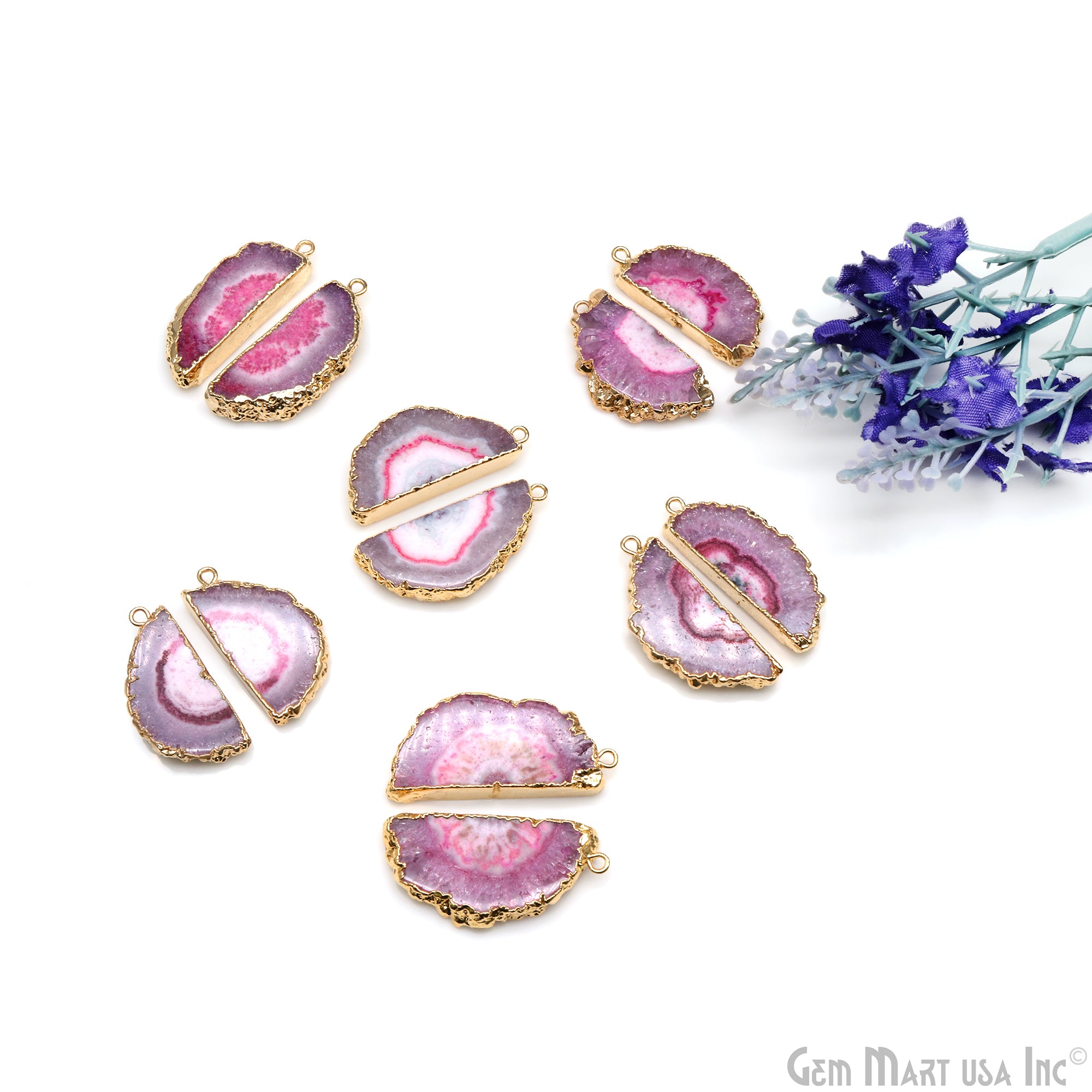 Agate Slice 16x36mm Organic Gold Electroplated Gemstone Earring Connector 1 Pair