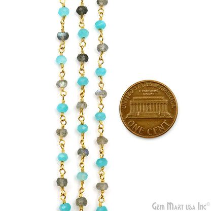 Aqua Chalcedony & Labradorite Faceted Beads 3-3.5mm Gold Plated Gemstone Rosary Chain