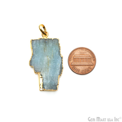 Aquamarine Free Form shape 41x23mm Gold Electroplated Gemstone Single Bail Pendant