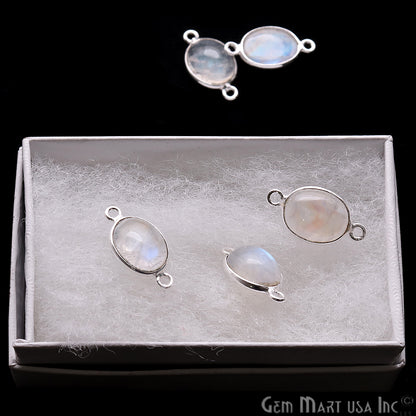 Rainbow Moonstone Cabochon 9x11mm Oval Silver Plated Double Bail Gemstone Connector - GemMartUSA