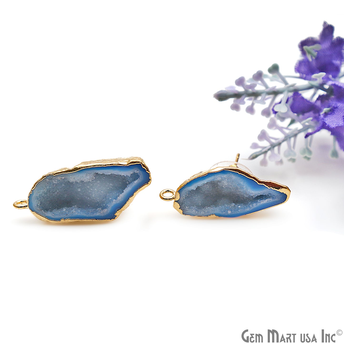 DIY Agate Slice Geode Druzy 14x33mm Gold Electroplated Loop Connector Studs Earrings - GemMartUSA