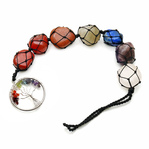 7 Chakra Of Life Healing Tumble Gemstones On A String, 27x21mm Free Form Gemstones & Round Tree Of Life Pendant 11 Inch