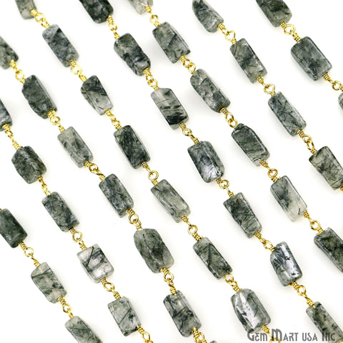 Black Rutilated Beads 8x5mm Gold Plated Wire Wrapped Beaded Rosary Chain