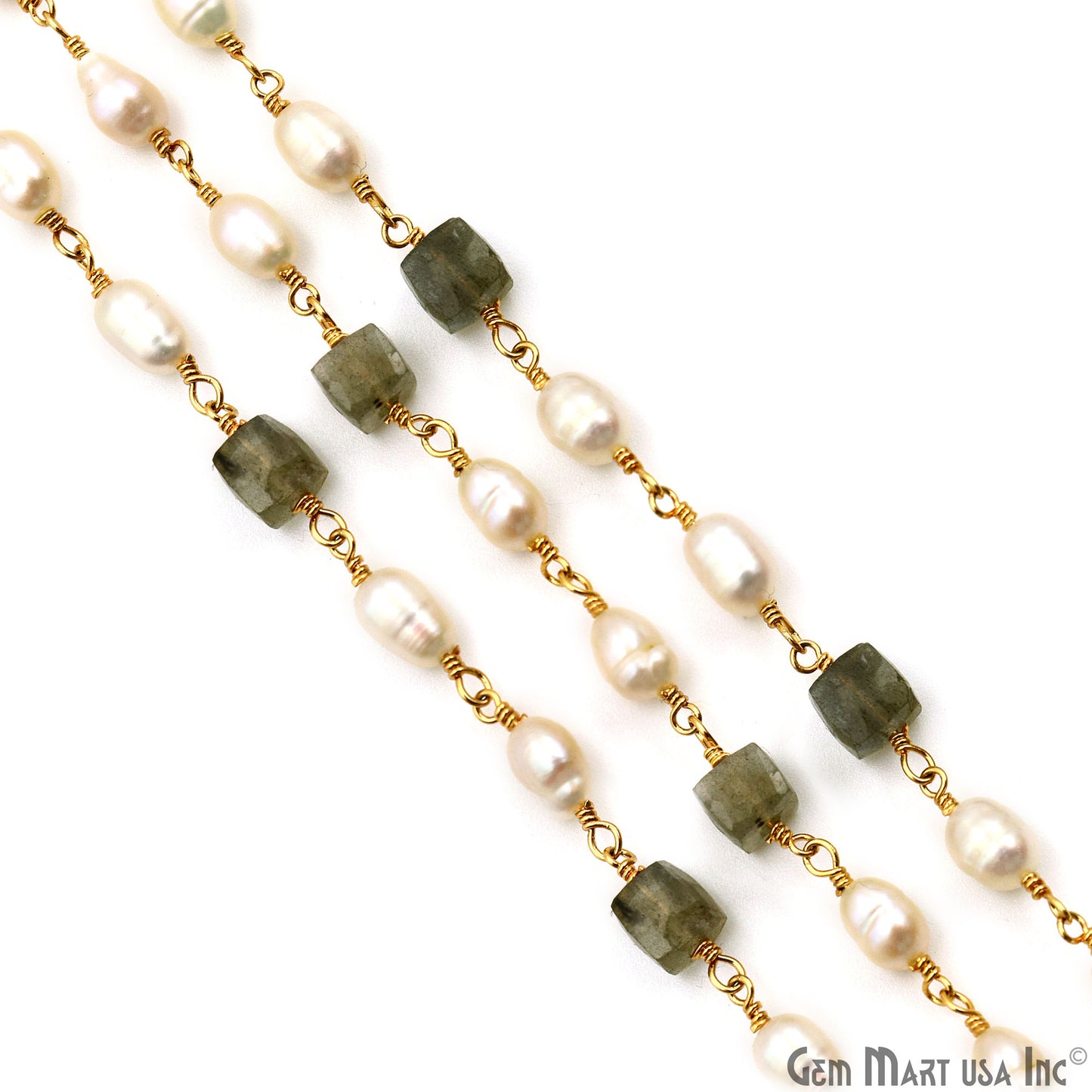 Labradorite Box Beads With Pearl freeform Beads Gold Wire Wrapped Rosary Chain